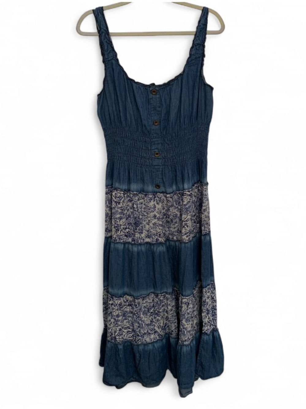 Lapis Indigo Tiered Maxi Dress with Floral Panels